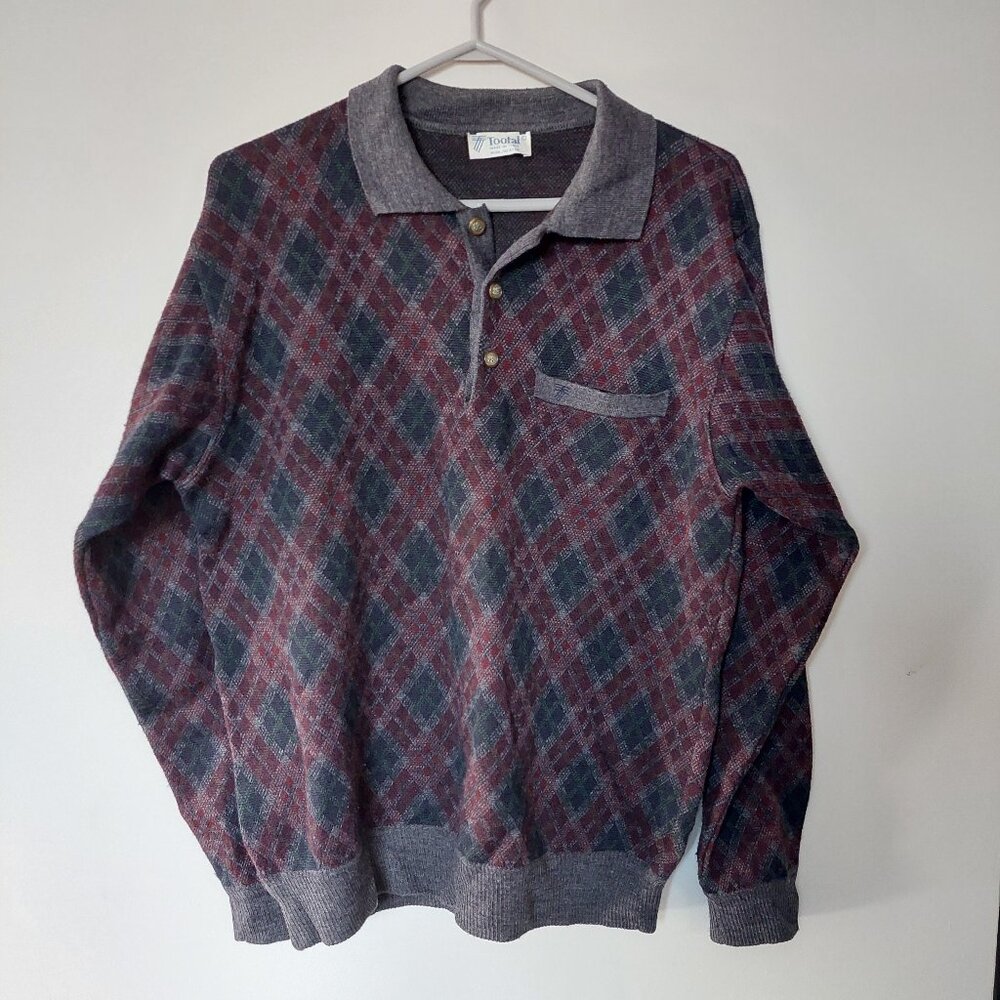 Vintage Tootal Italy Grandpa Knit Polo Sweater Argyle Diamond Men's L